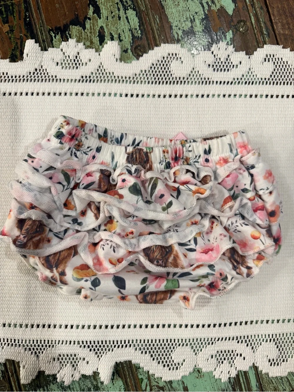 Baby Girl Highland Cow Floral Ruffle Bloomers Diaper Cover Size 70